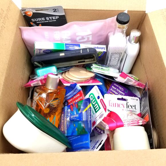 MYSTERY-ISH BOX Misc Aveeno Moroccan Oil Salonpas Secret Foot Pads Etc - Picture 1 of 6